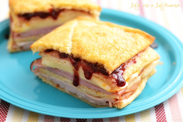 Monte Cristo Sandwiches are buttery flaky crescents filled with ham, turkey, cheese and raspberry jam. Life-in-the-Lofthouse.com