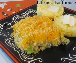 This cheesy and delicious casserole is baked with chicken, broccoli, rice and lots of cheese. Life-in-the-Lofthouse.com