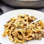 Easy Beef Stroganoff is filled with ground beef and a mushroom sauce served over egg noodles. Life-in-the-Lofthouse.com