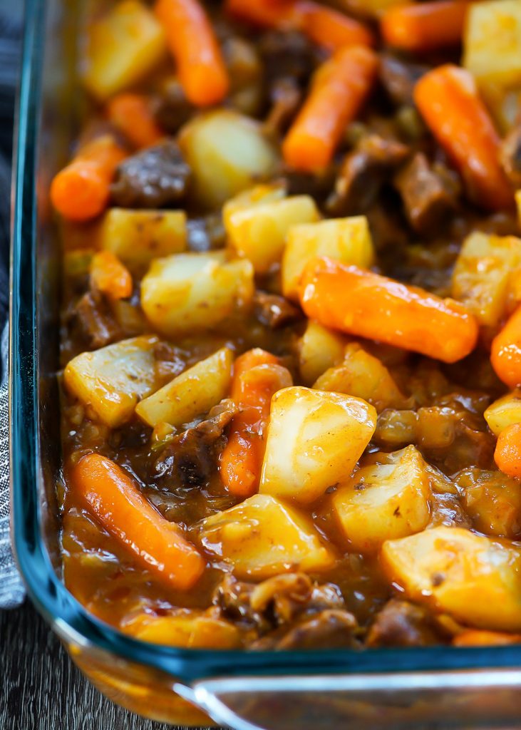 Oven Baked Stew is filled with flavorful beef stew meat, diced potatoes, carrots and onion. Life-in-the-Lofthouse.com