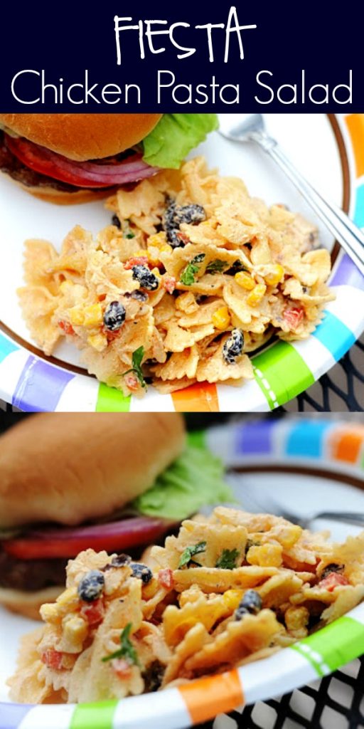 Fiesta Chicken Pasta Salad is full of tender pasta and chicken that is mixed with taco seasoning, ranch dressing, corn and black beans. Life-in-the-Lofthouse.com