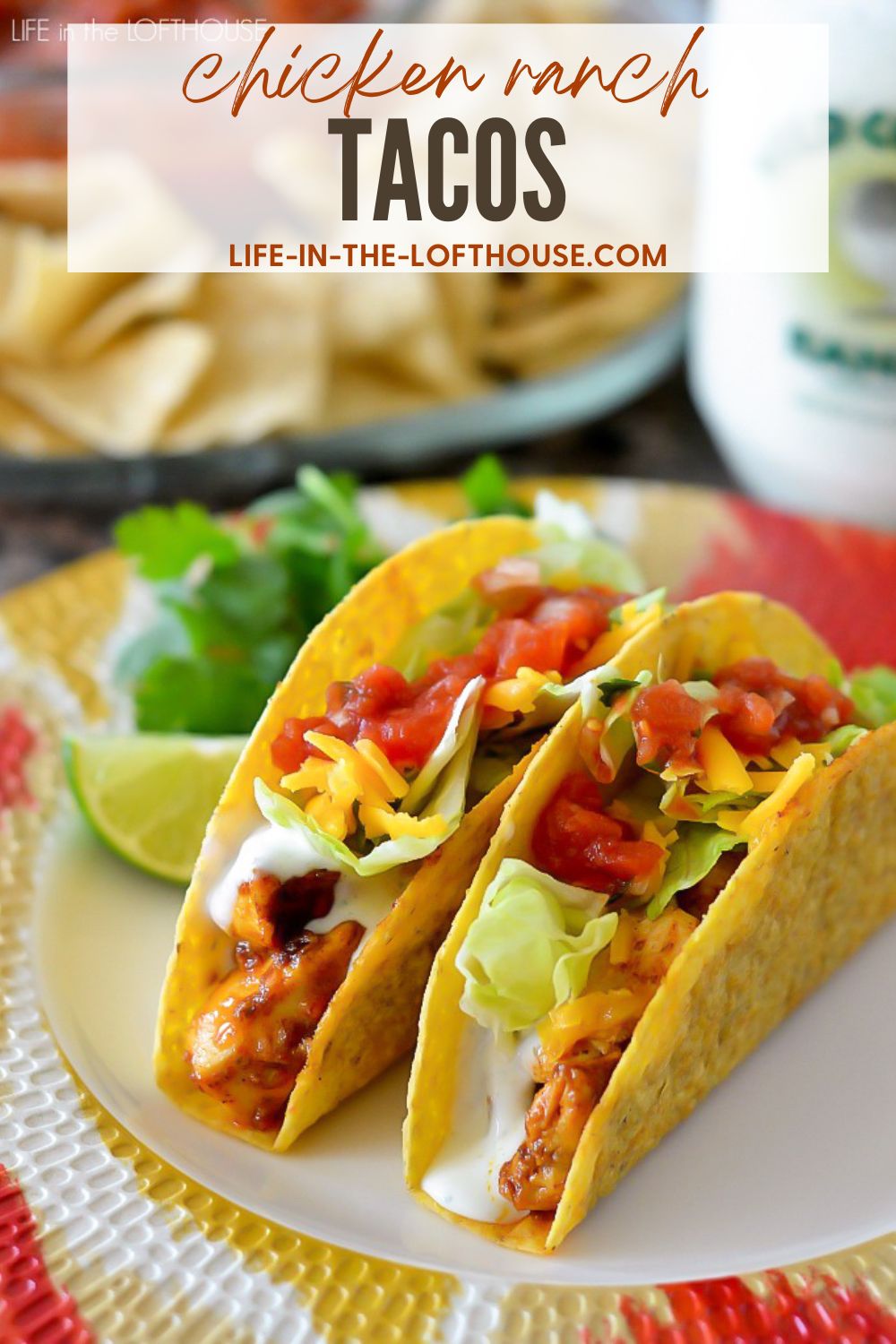 Chicken Ranch Tacos are filled with flavorful chicken, ranch dressing and all your favorite taco toppings inside crispy taco shells. Life-in-the-Lofthouse.com
