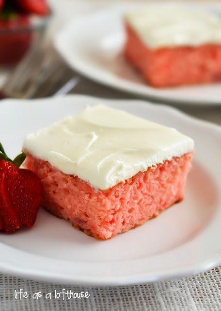 This Strawberry Cake is a soft and moist strawberry cake with real strawberries inside and is topped off with a rich and delicious cream cheese frosting. Life-in-the-Lofthouse.com