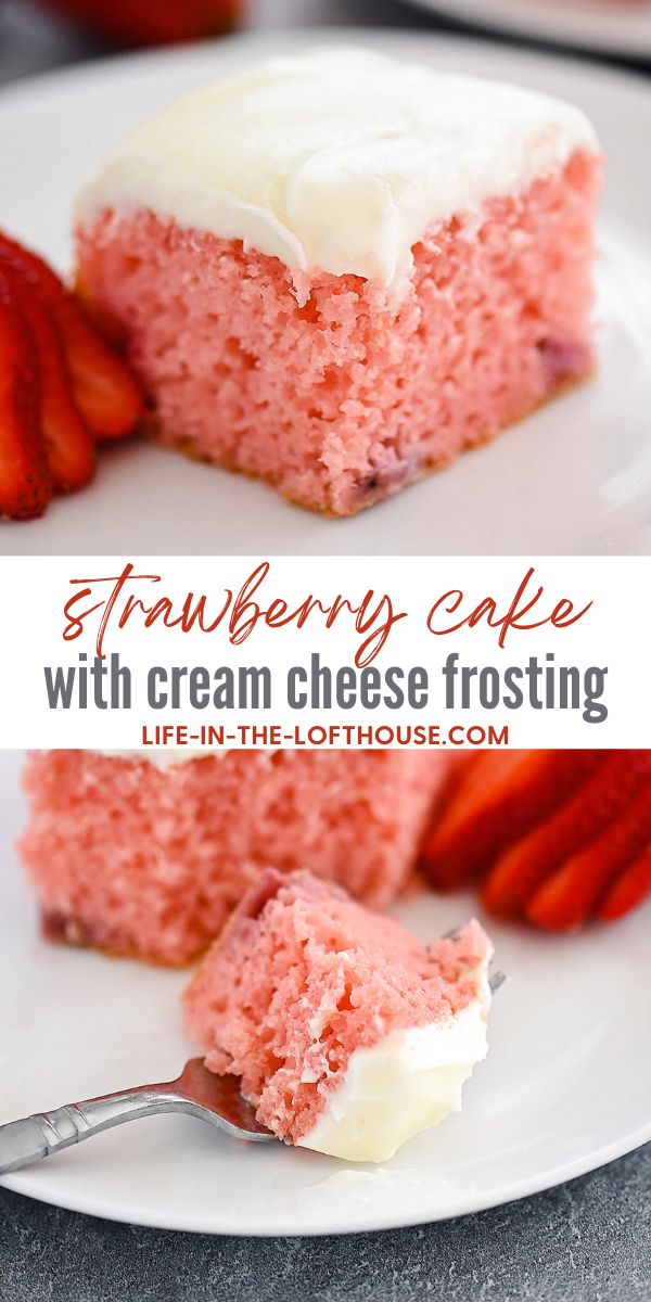 A sweet strawberry cake filled with fresh strawberries and topped with cream cheese frosting. Life-in-the-Lofthouse.com