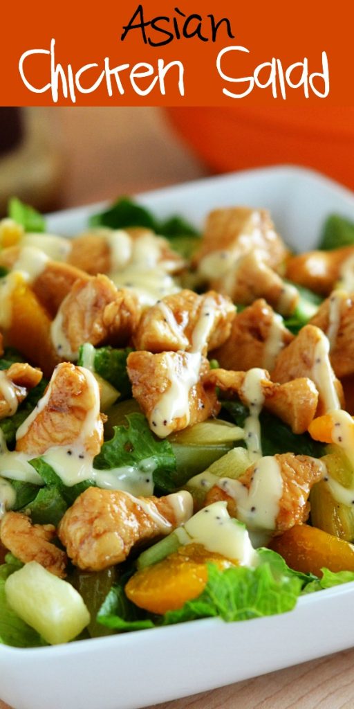 Asian Chicken Salad has romaine lettuce, pineapple, mandarin oranges, sliced apples, marinated chicken, sliced almonds and a drizzle of creamy poppy seed dressing. Life-in-the-Lofthouse.com