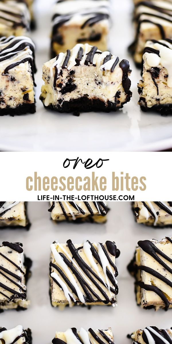Oreo cheesecake bites are a delicious bite size dessert with an Oreo cookie base and a drizzling of chocolate candy coating. Life-in-the-Lofthouse.com