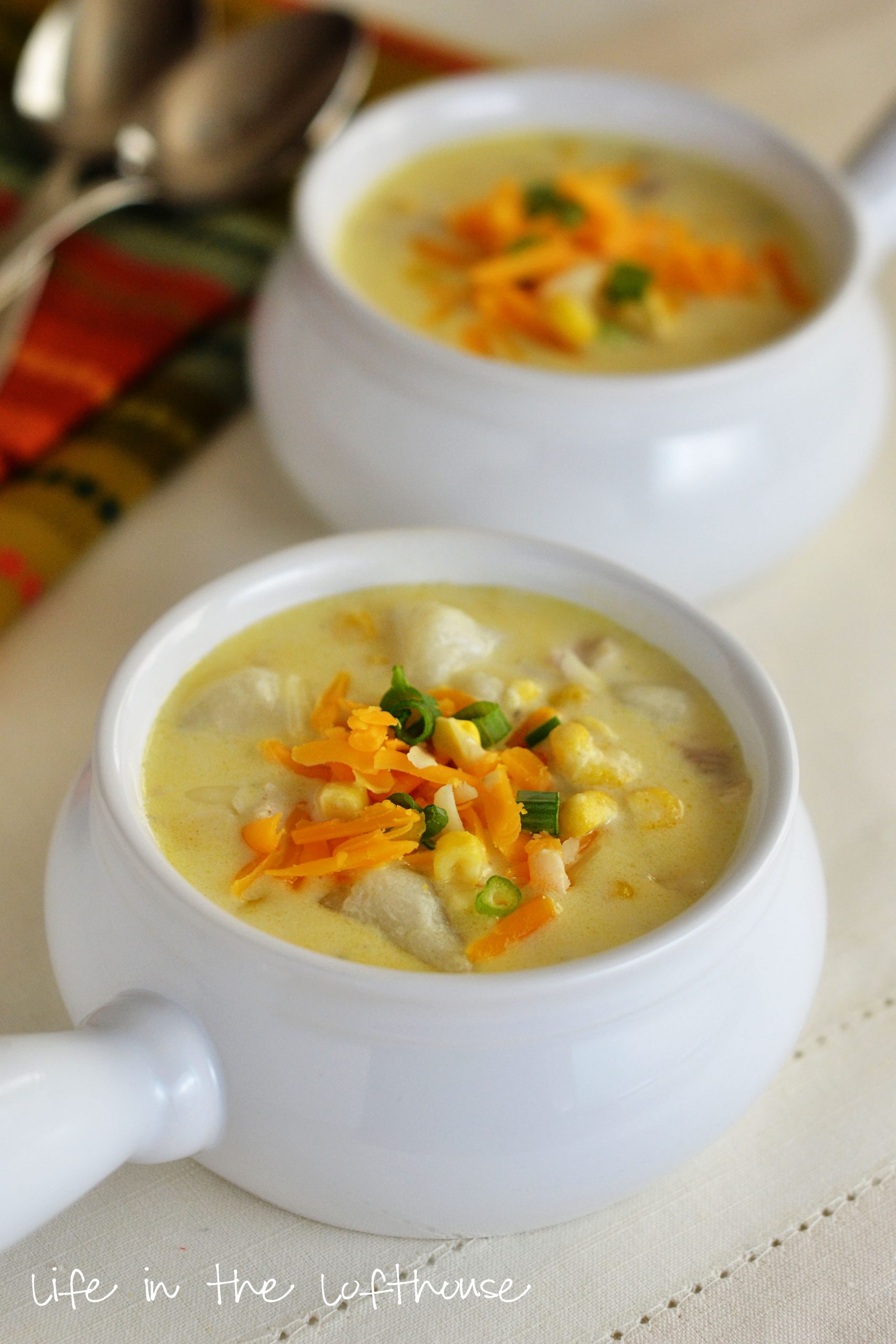 Chicken Corn Chowder is a thick and creamy soup with chunks of potato, chicken, bacon and of course corn. Life-in-the-Lofthouse.com