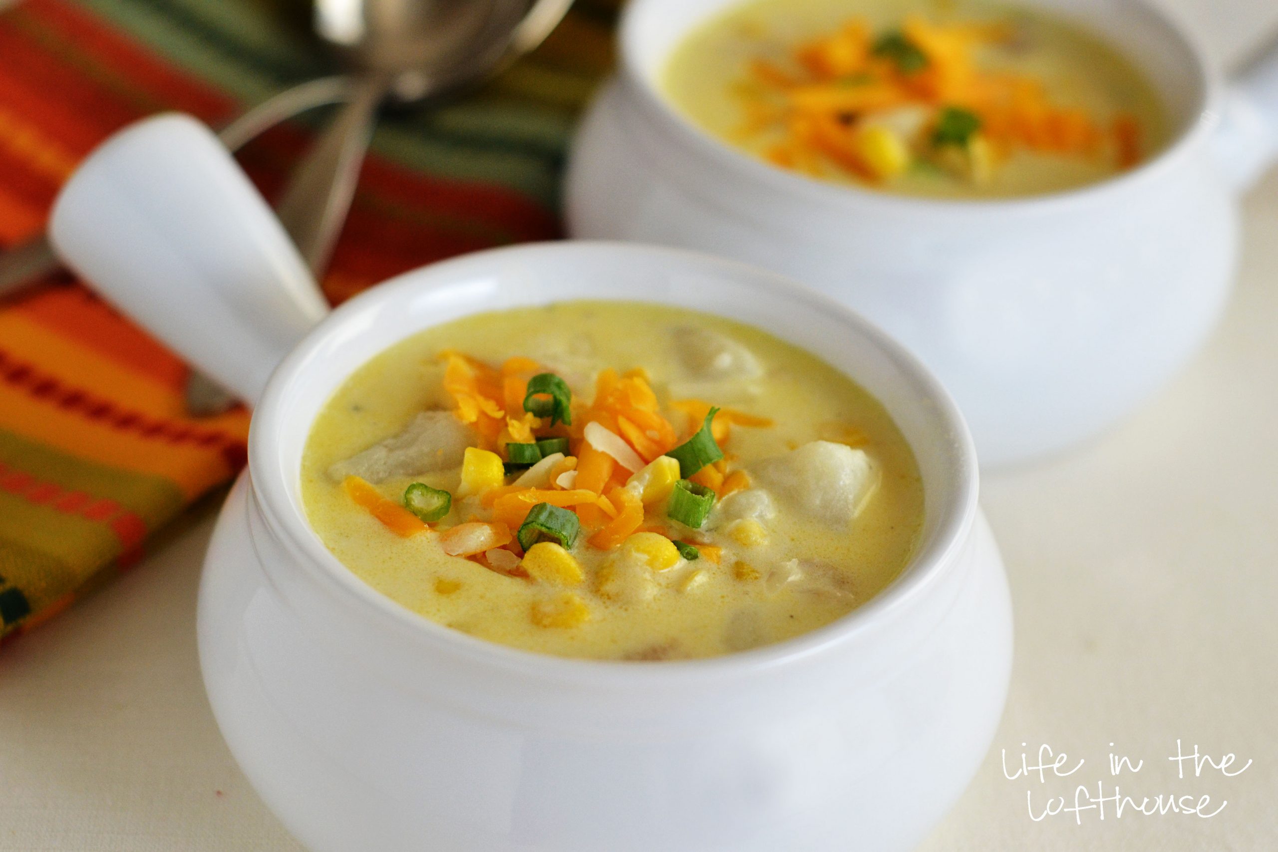 Chicken Corn Chowder is a thick and creamy soup with chunks of potato, chicken, bacon and of course corn. Life-in-the-Lofthouse.com