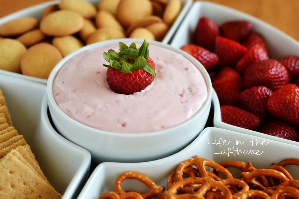 Skinny Strawberry Cheesecake Dip is a delicious dessert appetizer that is low fat and full of strawberry and cheesecake flavor. Life-in-the-Lofthouse.com