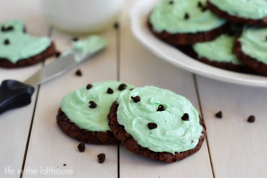 Soft chocolate brownies in cookie form slathered with a creamy mint frosting. Life-in-the-Lofthouse.com