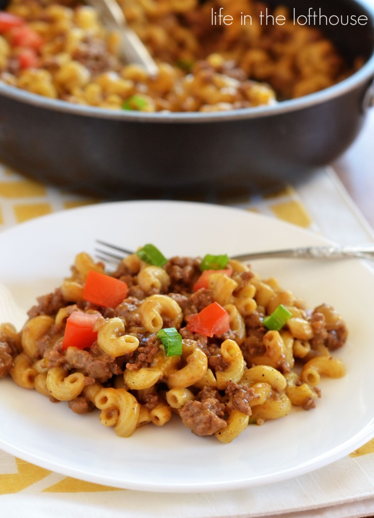 Cheesy hamburger skillet is noodles, cheese and ground beef that tastes just like a hamburger. Life-in-the-Lofthouse.com