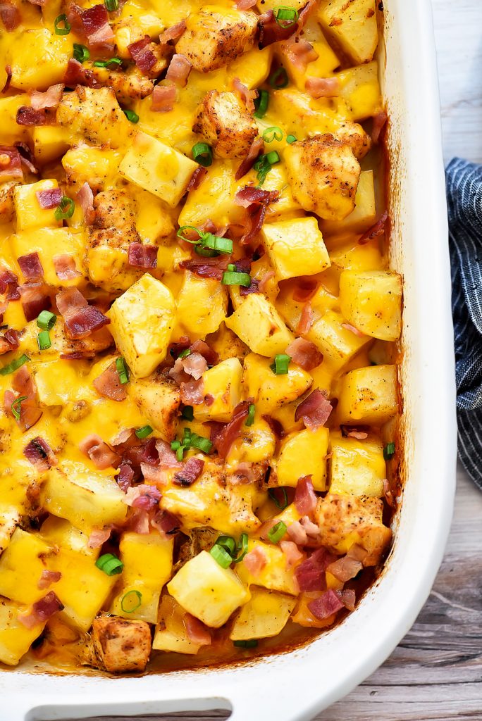 Loaded Chicken and Potato Casserole is seasoned chicken and potatoes that are baked together and then topped with bacon, cheese and green onion. Life-in-the-Lofthouse.com
