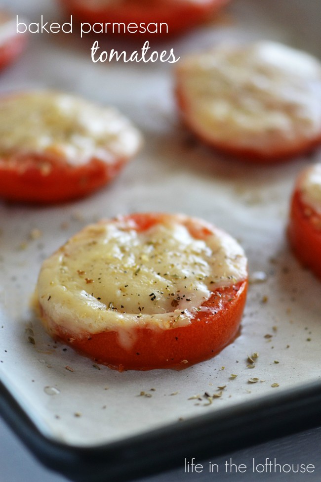 Baked Parmesan Tomatoes are delicious red tomatoes with Parmesan cheese, fresh herbs and olive oil baked over the top. Life-in-the-Lofthouse.com