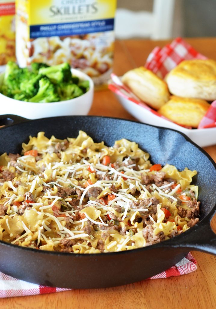Ground beef, red bell peppers and onion mixed up with Velveeta cheesy skillets dinner kit- Philly cheesesteak style. Life-in-the-Lofthouse.com