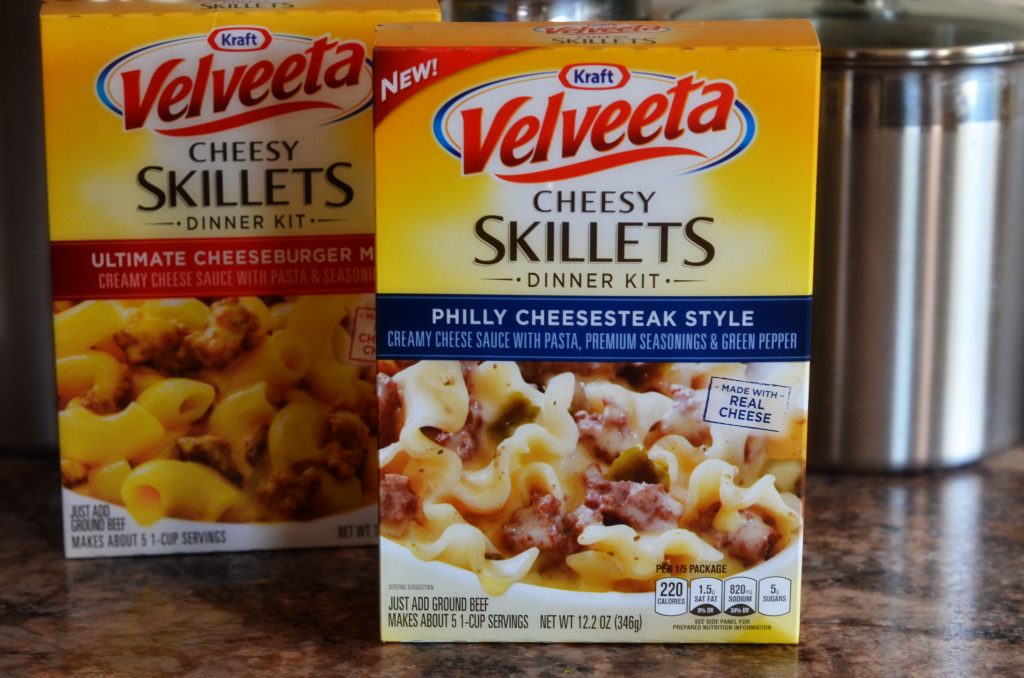 Ground beef, red bell peppers and onion mixed up with Velveeta cheesy skillets dinner kit- Philly cheesesteak style. Life-in-the-Lofthouse.com
