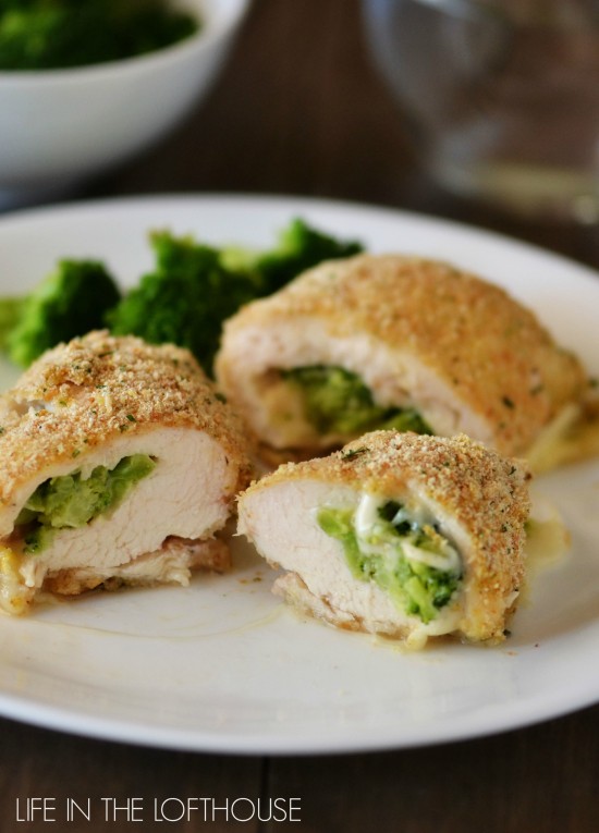 Baked and seasoned chicken breasts with cheese and broccoli stuffed inside. Life-in-the-Lofthouse.com