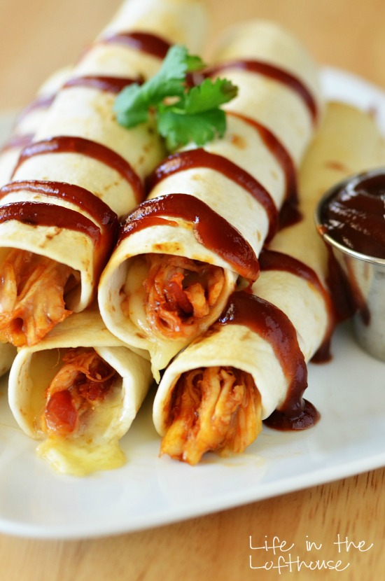 BBQ chicken and bacon taquitos is shredded chicken slathered in Sweet Baby Rays barbecue sauce, Monterey-Jack cheese and bacon, wrapped inside flour tortillas. Life-in-the-Lofthouse.com