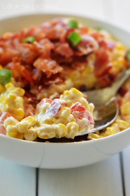 Confetti corn is colorful creamy corn with bacon and cream cheese. Life-in-the-Lofthouse.com