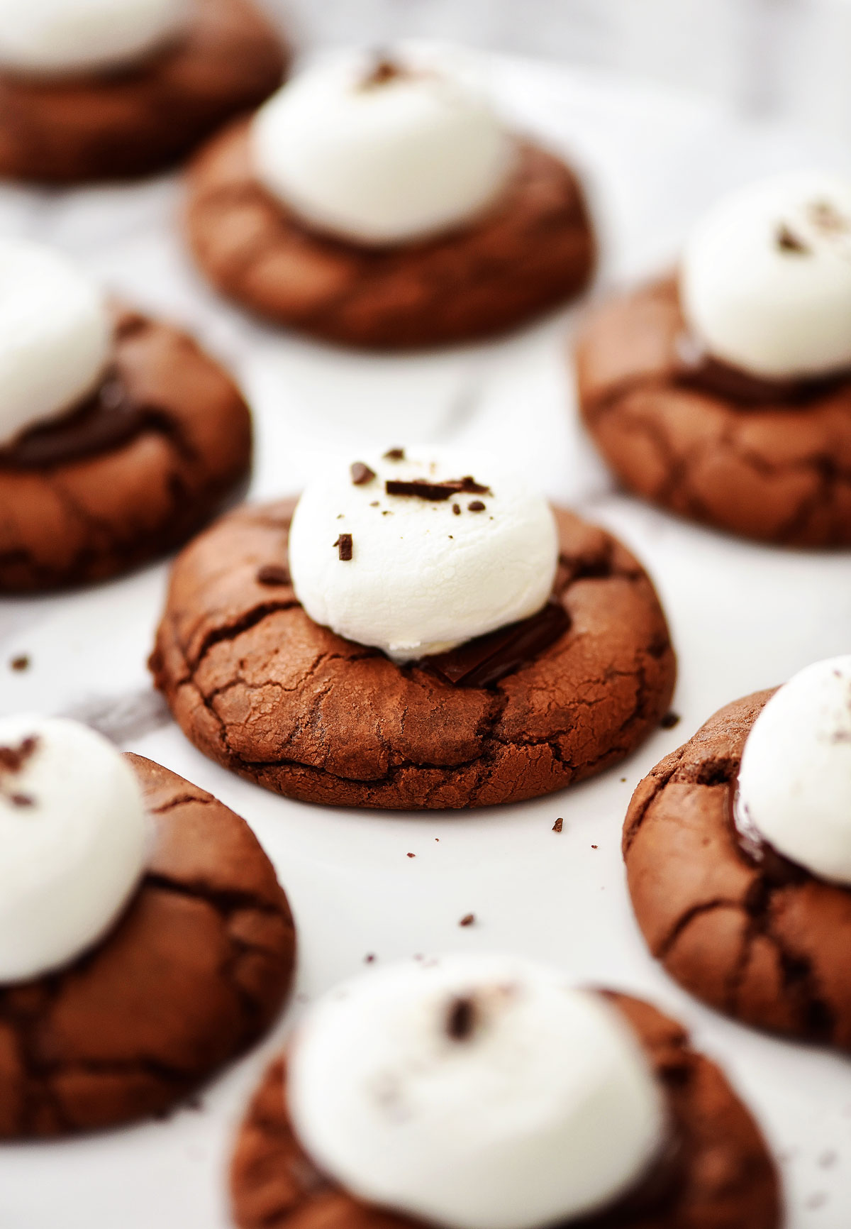 Hot Cocoa Cookies are soft and chewy chocolate cookies with melted marshmallows and a surprise chocolate center. Life-in-the-Lofthouse.com