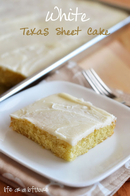 White Texas Sheet Cake is a delicious almond-scented cake with a heavenly almond frosting. Life-in-the-Lofthouse.com