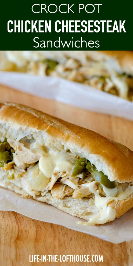 Savory chicken is slow cooked in chicken broth, spices, onions and bell peppers to create these incredible Crock Pot Chicken Cheesesteak Sandwiches. Life-in-the-Lofthouse.com