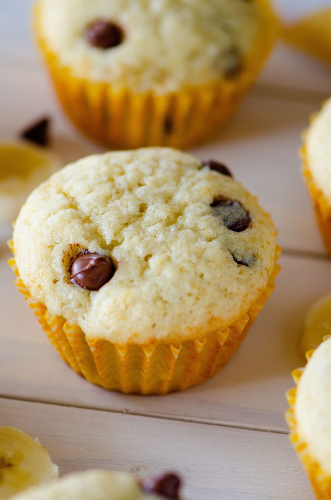 Banana Chocolate Chip Muffins are so moist and have perfect banana flavor with chocolate chips throughout. Life-in-the-Lofthouse.com
