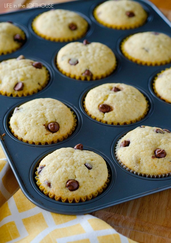 Banana Chocolate Chip Muffins are so moist and have perfect banana flavor with chocolate chips throughout. Life-in-the-Lofthouse.com