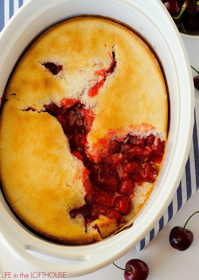 Easy Cherry Cobbler has a biscuit and cake-like crust over a bed of warm cherry pie filling. Life-in-the-Lofthouse.com