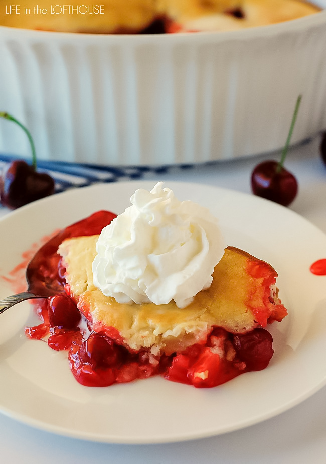 Easy Cherry Cobbler has a biscuit and cake-like crust over a bed of warm cherry pie filling. Life-in-the-Lofthouse.com