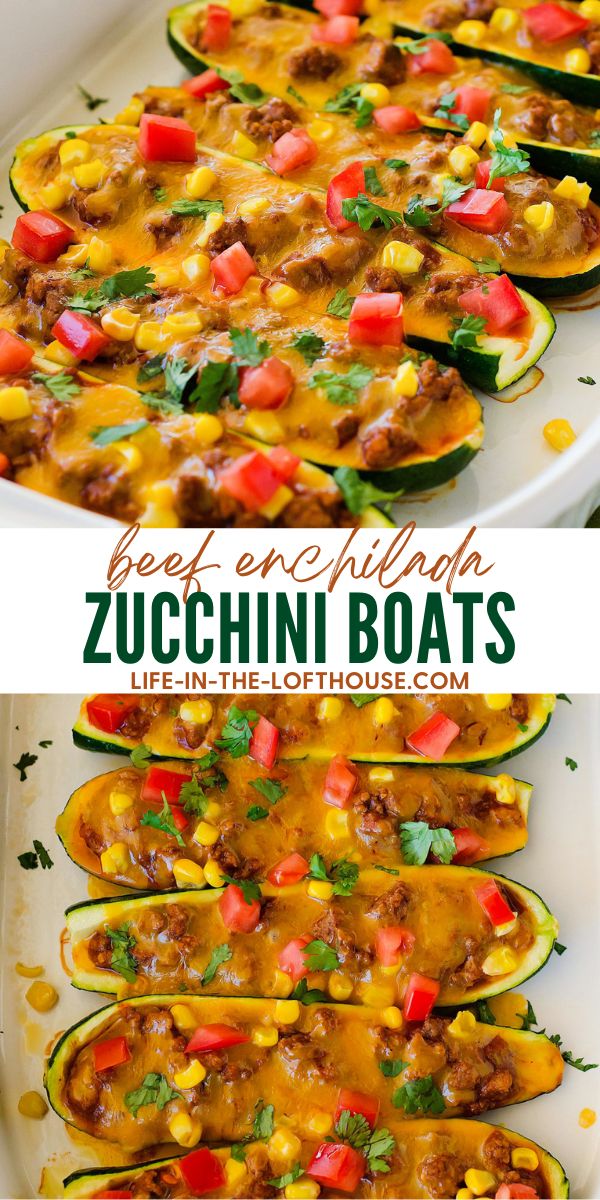 Beef enchilada zucchini boats are full of seasoned ground beef, homemade enchilada sauce and a couple veggies that are stuffed on top of zucchini. Life-in-the-Lofthouse.com