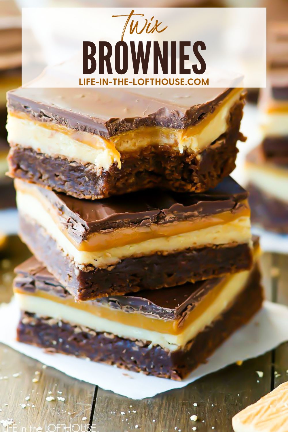 Chocolate and caramel brownies with a shortbread cookie layer.