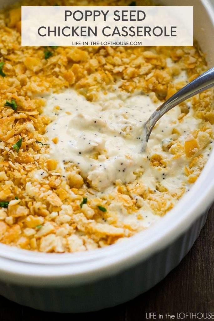 Poppyseed chicken casserole is a creamy casserole with a delicious cracker topping. Life-in-the-Lofthouse.com