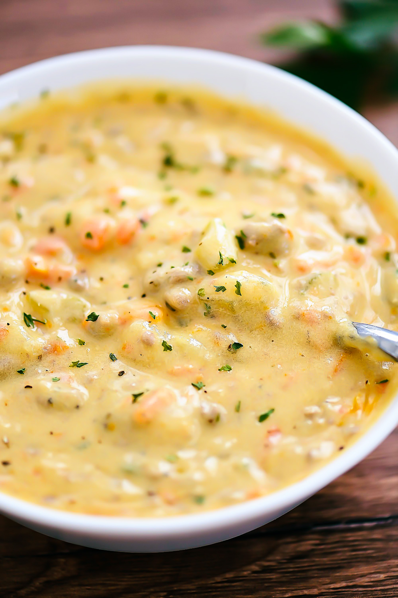 Creamy soup loaded with beef, potatoes, carrots and more. 