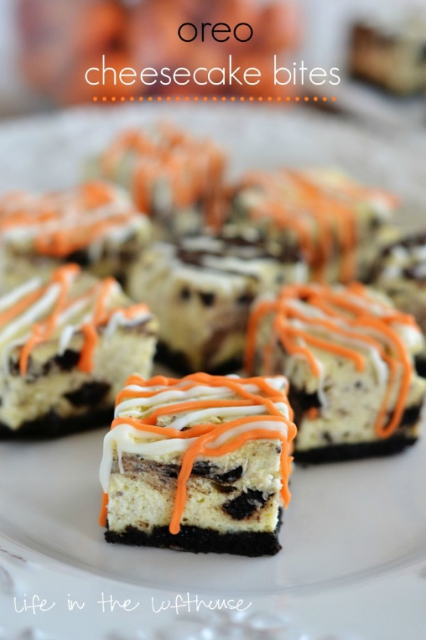 Oreo cheesecake bites are a delicious bite size dessert with an Oreo cookie base and a drizzling of chocolate candy coating. Life-in-the-Lofthouse.com