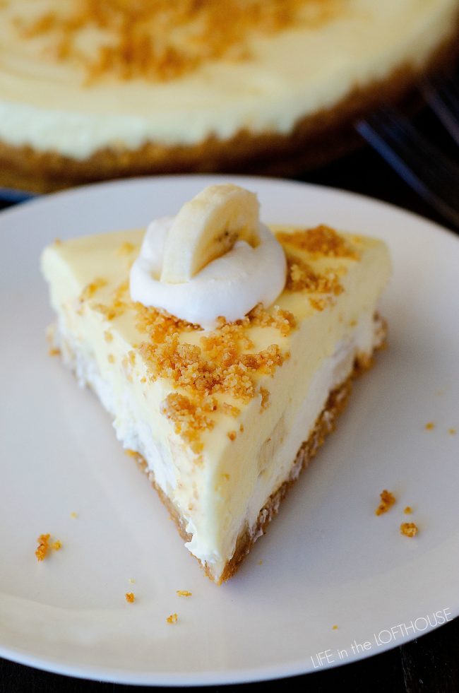 Banana cream pie cheesecake is a mix of cream pie and cheesecake with a buttery graham cracker crust and slices of banana. Life-in-the-Lofthouse.com