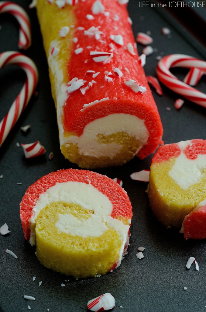 Candy cane cake roll has swirls of red and white cake that's filled with peppermint buttercream. Life-in-the-Lofthouse.com
