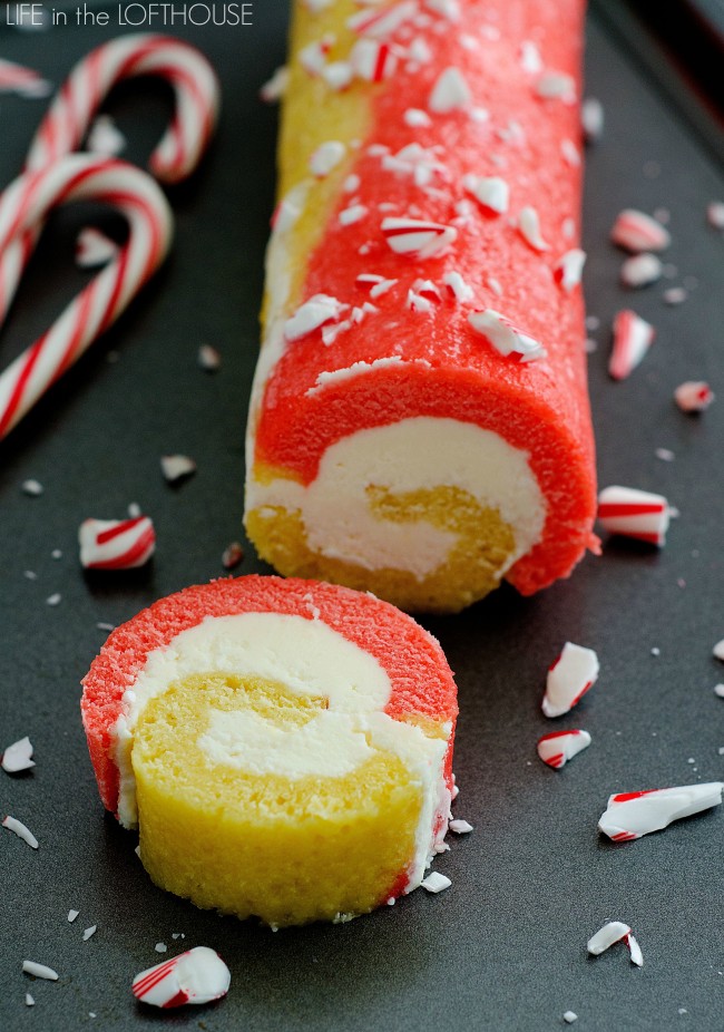 Candy cane cake roll has swirls of red and white cake that's filled with peppermint buttercream. Life-in-the-Lofthouse.com