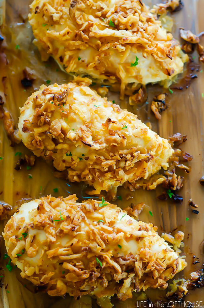 Crispy onion chicken is packed full of flavor from the creamy honey mustard and crispy fried onions. Life-in-the-Lofthouse.com