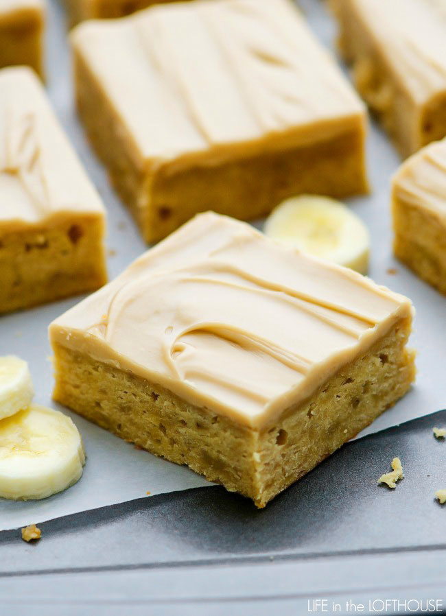 Banana blondies are a sweet and delicious dessert with banana flavor and a rich browned butter frosting. Life-in-the-Lofthouse.com