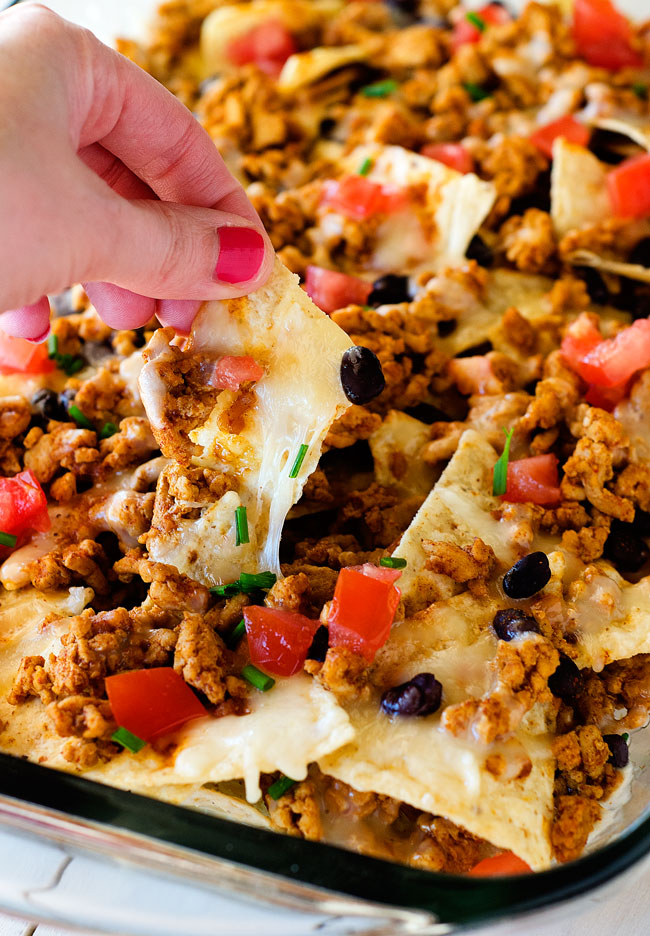Nachos topped with taco-flavored chicken, black beans and lots of gooey cheese. Life-in-the-Lofthouse.com