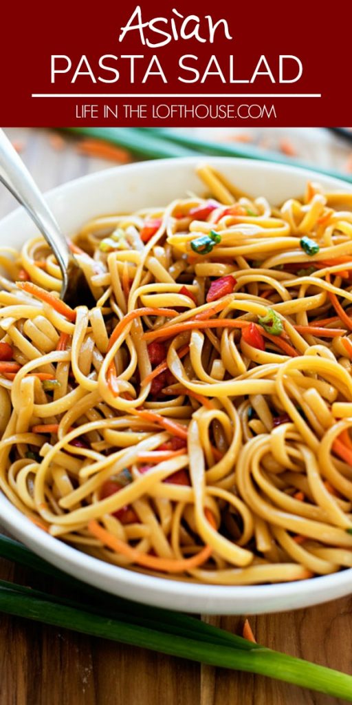 Asian pasta salad is a delicious salad made with noodles, fresh veggies and a soy sauce and brown sugar mixture. Life-in-the-Lofthouse.com