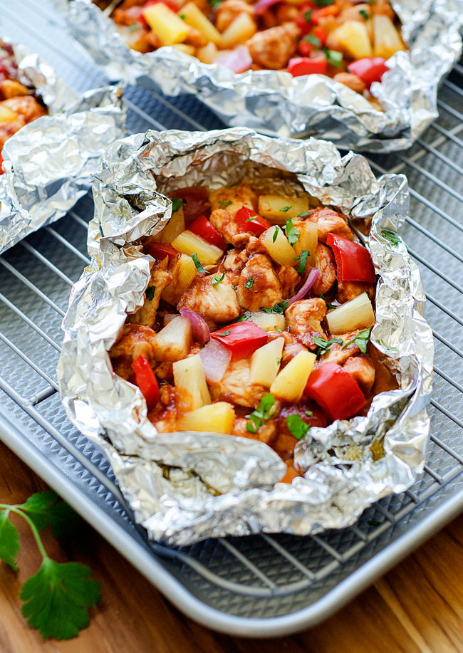 Grilled chicken, bell peppers, pineapple and bbq sauce all wrapped up and grilled. These are so good!