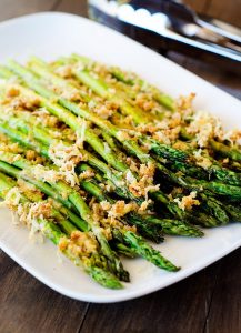 Roasted Asparagus with Dijon mustard, breadcrumbs and Parmesan cheese.
