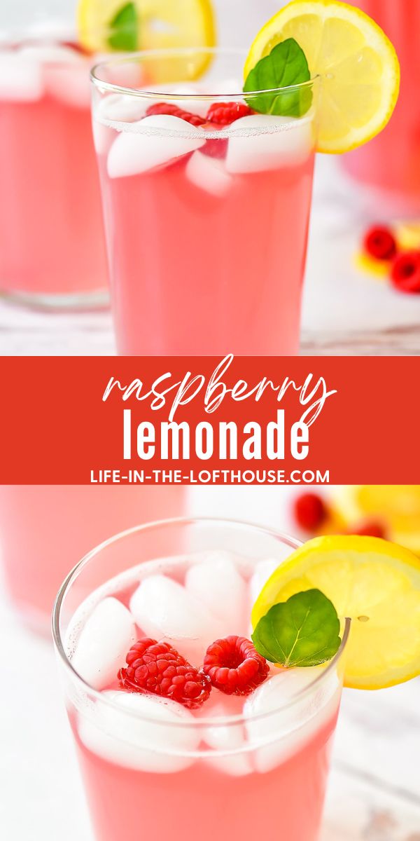 Lemonade with raspberry flavor. Garnished with raspberries, lemon and mint leaves.