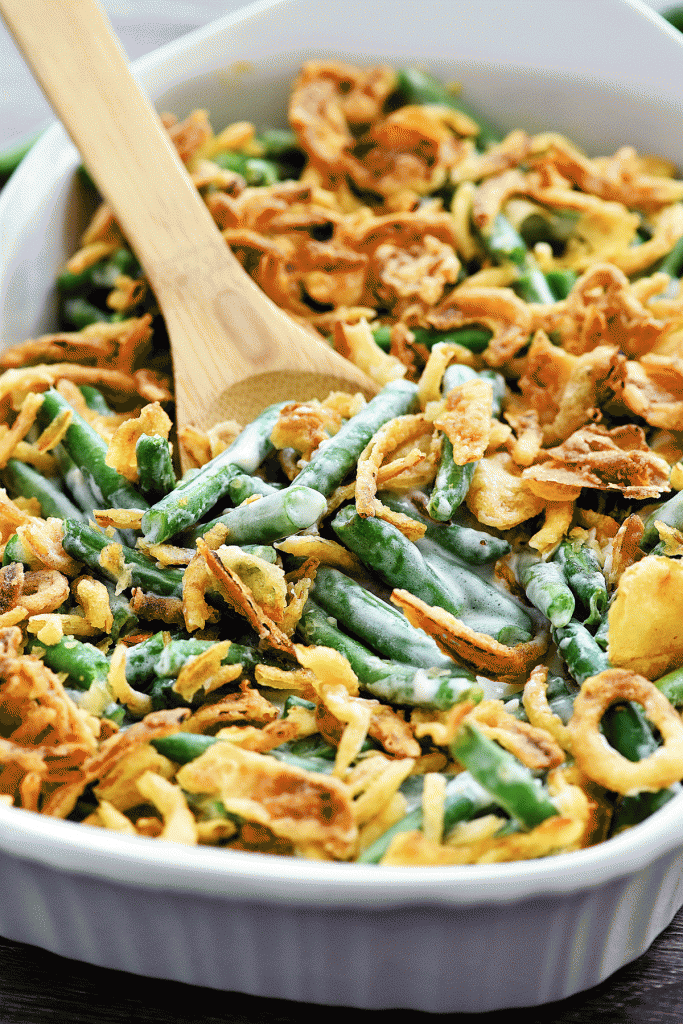 This version of green bean casserole is the best! Homemade sauce, fresh green beans and lots of fried onions!