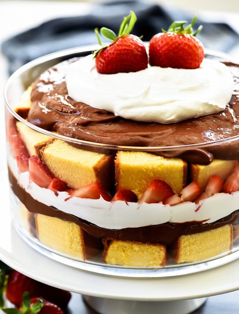 Strawberry Chocolate pound cake trifle has layers of pound cake, chocolate, whipped cream and loads of strawberries. Life-in-the-Lofthouse.com