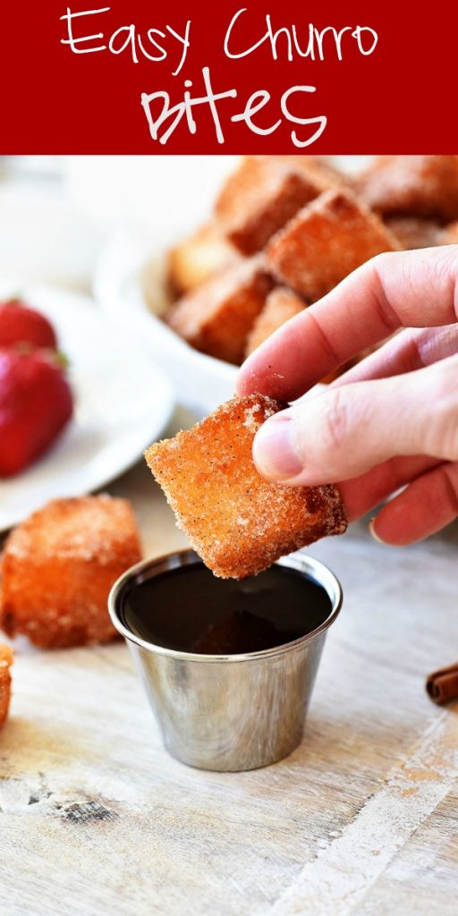 Easy churro bites are delicious Angel Food cake pieces that are deep fried and covered in cinnamon and sugar. Life-in-the-Lofthouse.com