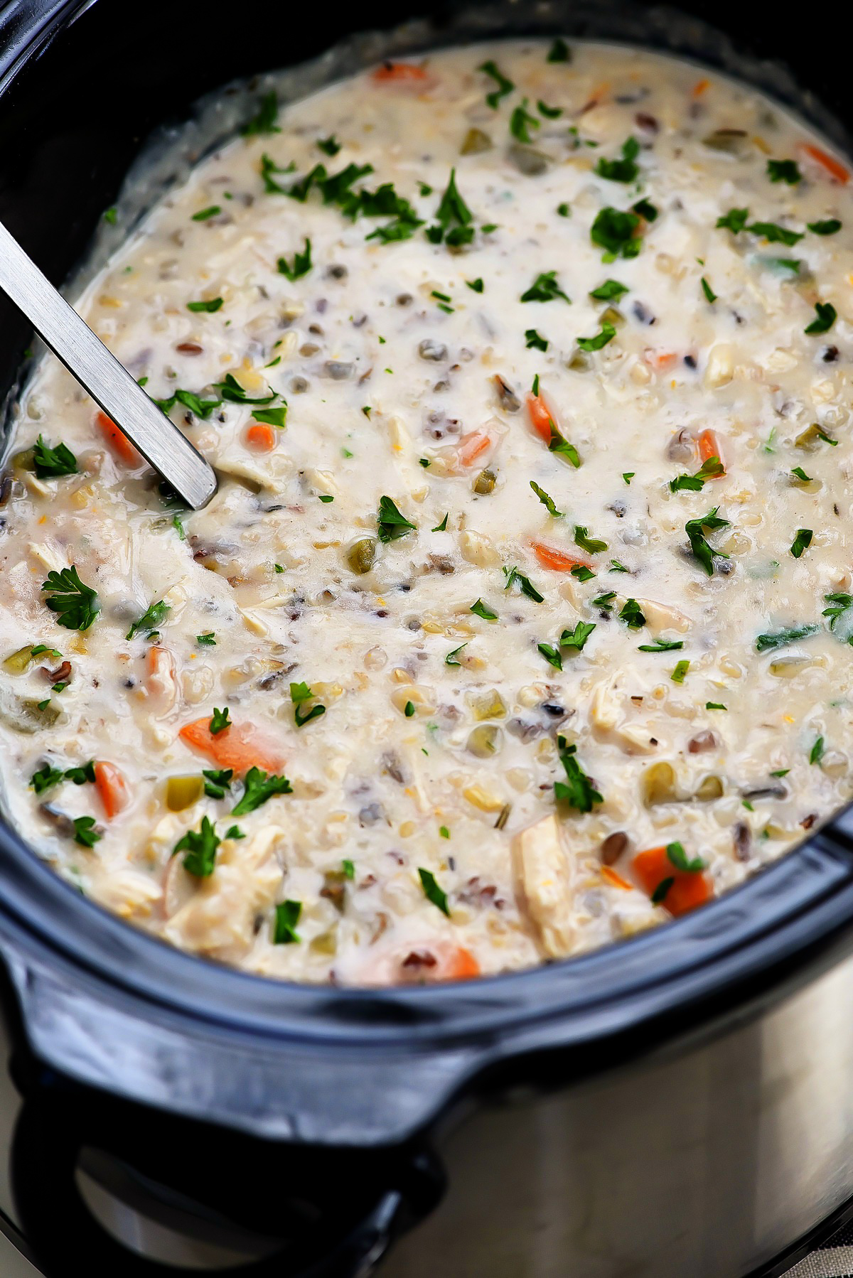 Crock Pot Chicken wild rice soup is a flavorful, hearty soup with veggies, rice and chicken. Life-in-the-Lofthouse.com