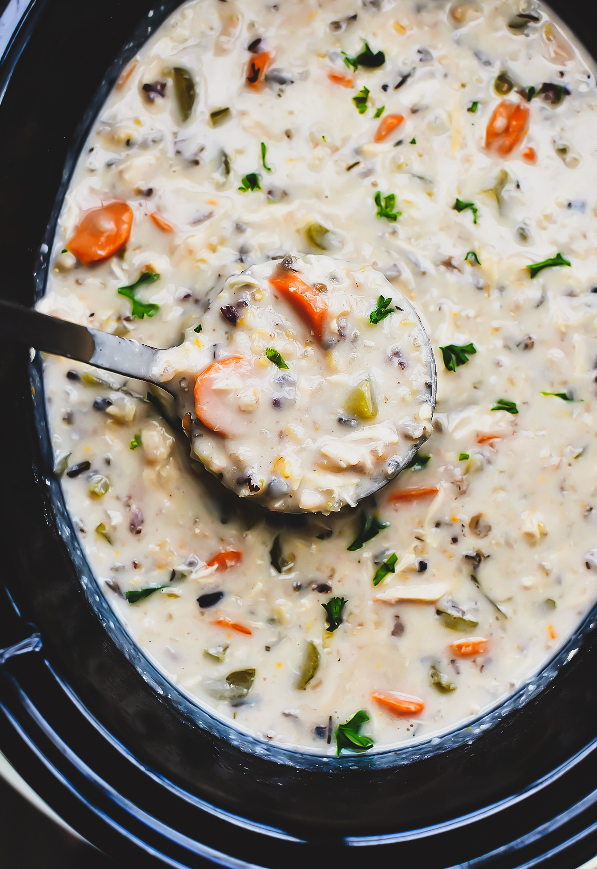 Crock Pot Chicken wild rice soup is a flavorful, hearty soup with veggies, rice and chicken. Life-in-the-Lofthouse.com
