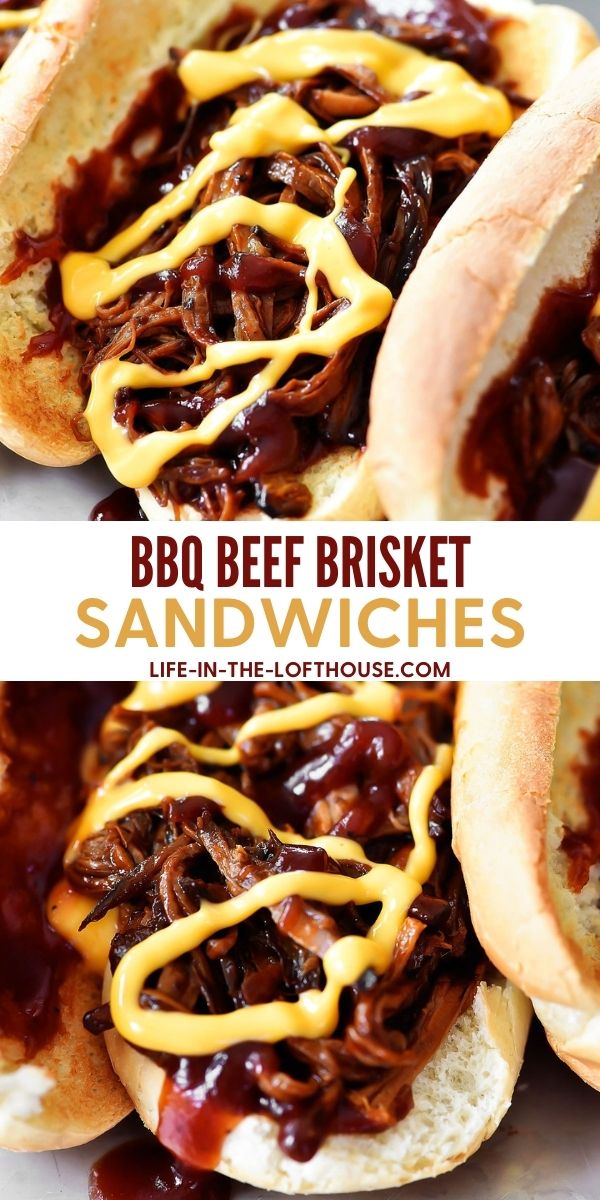 BBQ beef brisket sandwiches hang soft BBQ Brisket loaded in a hoagie bun with drizzles of cheddar cheese. Life-in-the-Lofthouse.com  BBQ Pork Brisket Sandwiches Beef Brisket Sandwiches PIN